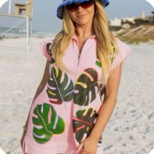 QUEEN OF SPARKLES QOS Pink Monstera Collar Zip Up Dress